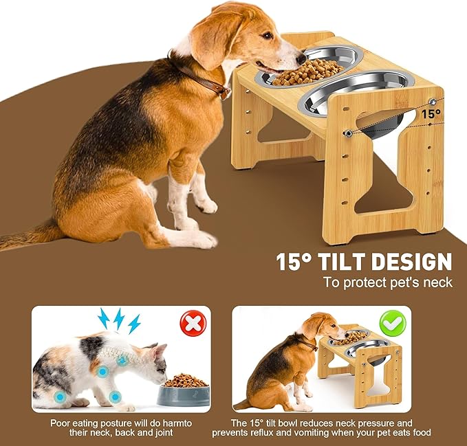 Adjustable Elevated Dog Bowls Raised Dog Bowl Natural Bamboo Stand with 2 Stainless Steel Food Bowls Non-Slip Feeder for Small Dogs and Cats (Natural)