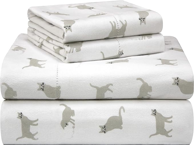 Pointehaven 180 GSM Velvet Feel Luxury 100% Cotton Printed Flannel Sheet Set,3 pcs, Twin, Cats - Warm & Cozy - Pre-Shrunk -Deep Pockets - Elastic All Around-Comfy Double Brushed -