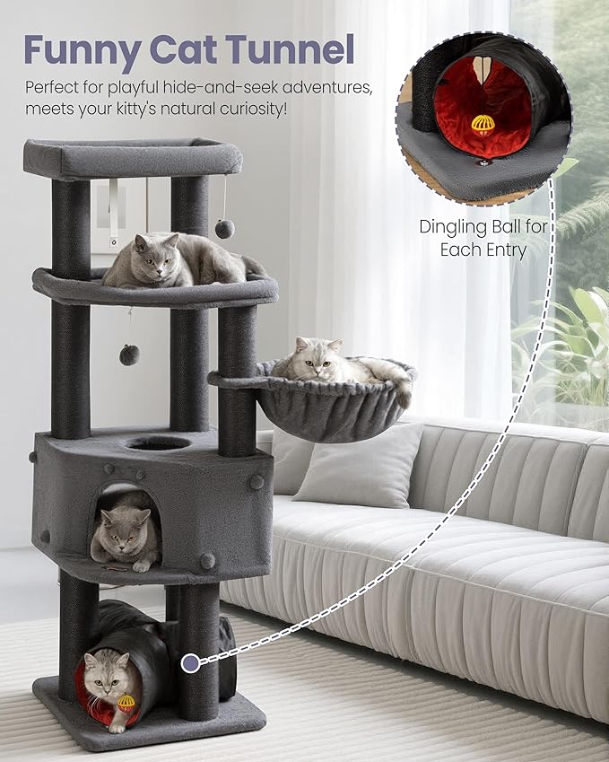 Cat Tree Tower for Large Cats Adult - 60 Inch XXL Sturdy Heavy Duty Extra Wide Scratching Posts (φ4.4in) Condo - Indoor Big Cat House Hammock Perch - XL Wood Multi Level Feline Pet Bed Trees Houses