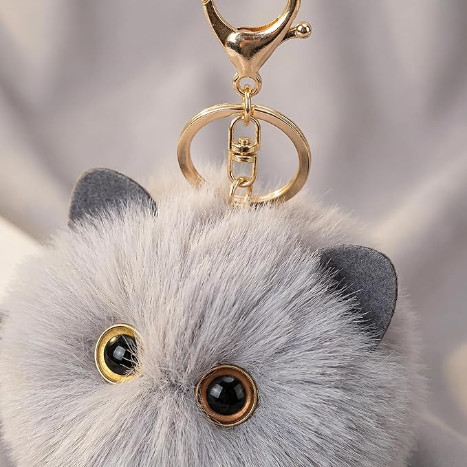 Cute Light Gray Cat Plush Keychain - Kawaii Kitten Pom Pom Keychain, Minimalist Bag Charm for Backpack Purse, Gift for Women Teens