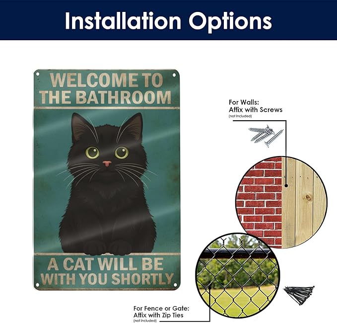 Funny Bathroom Sign Welcome to The Bathroom A Cat Will Be with You Shortly Humorous Restroom Decor Quirky Cat Lover Gift Novelty Aluminum Sign 8x12 Inches Black Cat