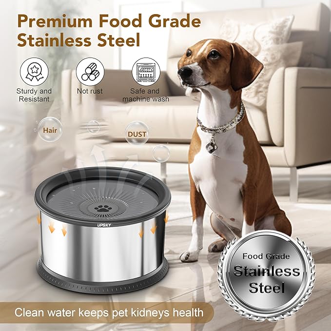 UPSKY 2.5L Dog Water Bowl, No Spill Dog Water Bowl, Stainless Steel Spill Proof Slow Water Feeder,No Splash Water Bowl with Anti-Slip Mat for Messy Drinkers Grey, D.2.5L