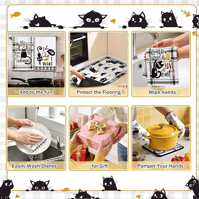 10 Pcs Black Cat Themed Kitchen Decor and Accessories - Sets 4 Kitchen Towels 2 Pot Holders 2 Oven Mitts 2 Rugs for Bathroom Cute Kitty Cooking Farmhome Housewarm Kitten Checkered Baking Gifts