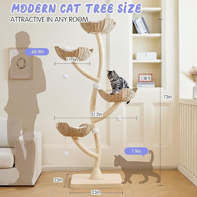 Modern Cat Tree 73" Tall, Scratching Tower for Multiple Small Large Cats with Scratching Post, Multi-Level Luxury Cat Condo