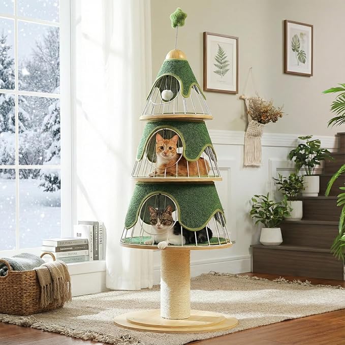 MUTTROS Modern Cat Tree-51.2" Cat Christmas Tree w/Thick Scratch Post(φ5.4in), Wood Cat Tower w/ 3 Condos-Heavy Duty Furniture w/Metal Frame & Replaceable Mat for Indoor Kitty, Green