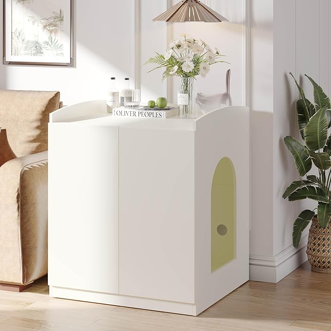 Extra Large Litter Box Enclosure with Cat Scratch Mat - Designed for Self-Cleaning and XXL Litter Boxes (White)