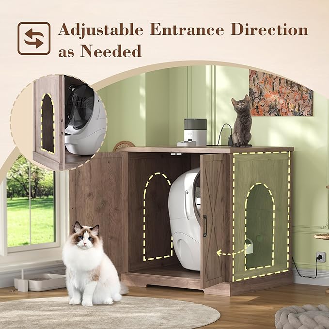 Heybly 34.5" Litter Box Enclosure,Large Robot Cabinet with Charging Station,Wooden Cat Litter Box Enclosure Furniture for Self-Cleaning Robot 3 & 4,Hidden for Smart Litter Box Size,Greige HCLB004SG