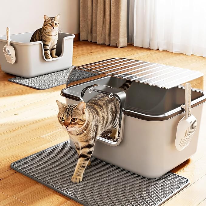 Oneluck XXXL Cat Litter Box with Lid,Extra Large Cat Litter Box for Big & Multiple Cats, Removable Transparent Cover, Anti-Urine Leakage | High Sided & Includes Litter Mat & Scoop