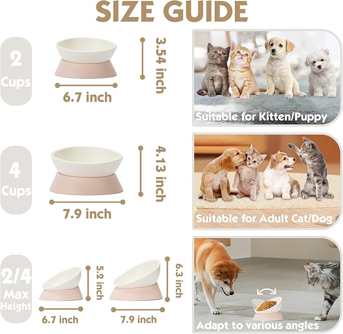 French Bulldog Food Bowl- Slanted Tilted Pug Food Water Bowl,Cat Bowl- Feeder for Frenchie/Shih Tzu/Flat Faced Small Dogs/Puppies/Cats (Lightpink, 4 Cup)