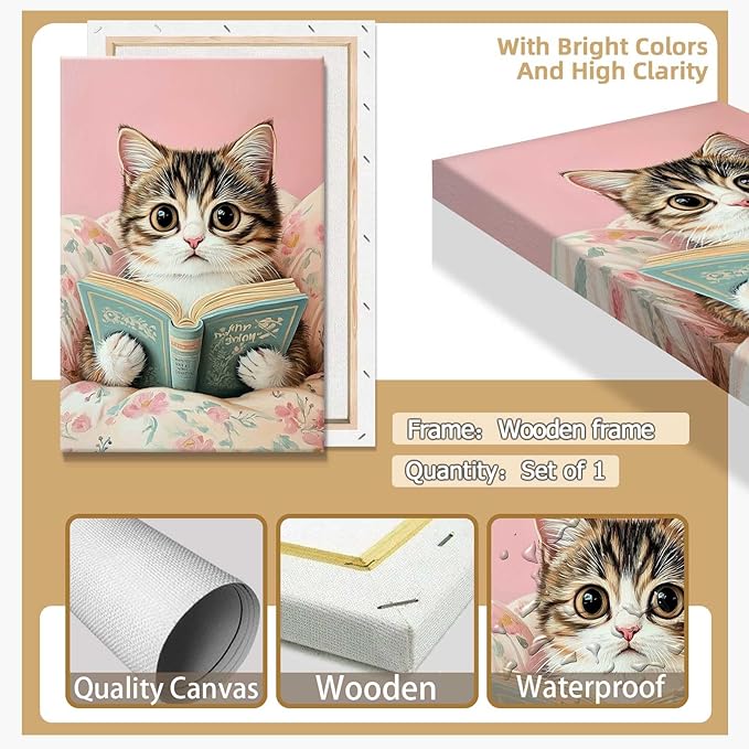 Funky Cute Cats Reading Books Canvas Wall Art Funny Pet Cat Animal Poster Trendy Pink Flower Wall Decor Cat Lovers Prints Painting For Home Bedroom Kids Room Dorm Wall Decor 8x12in Framed