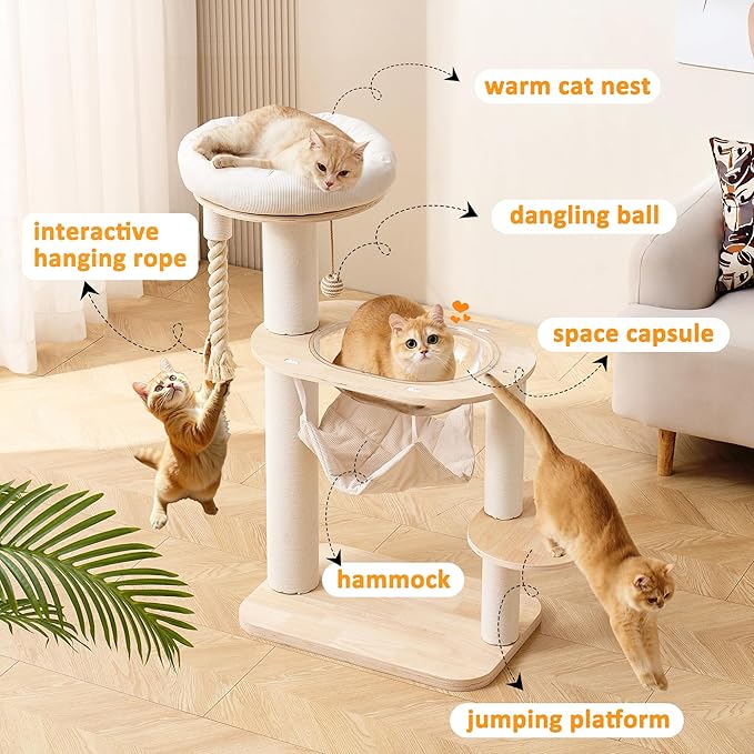 Modern Cat Tree Small Tower with Scratching Post for Indoor, Solid Wood Multifunctional Corner Cat Tree Tower with Bed