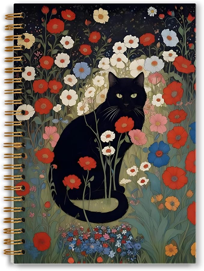 Black Cat Notebook, Moody Floral Botanical Cat Journal for Writing, Black Cat Lovers Gifts for Women, Cottagecore Aesthetic Spiral Notebook 5.5x8.3 Inch