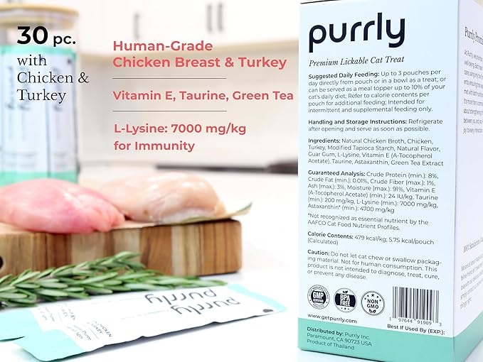 Purrly Interactive Lickable Cat Treats Low Calorie Human-Grade Chicken Breast & Turkey with L-Lysine & Astaxanthin for Immunity (30 Count) Non-Seafood Hydrating BPA-Free for All Ages Low-Phosphorus