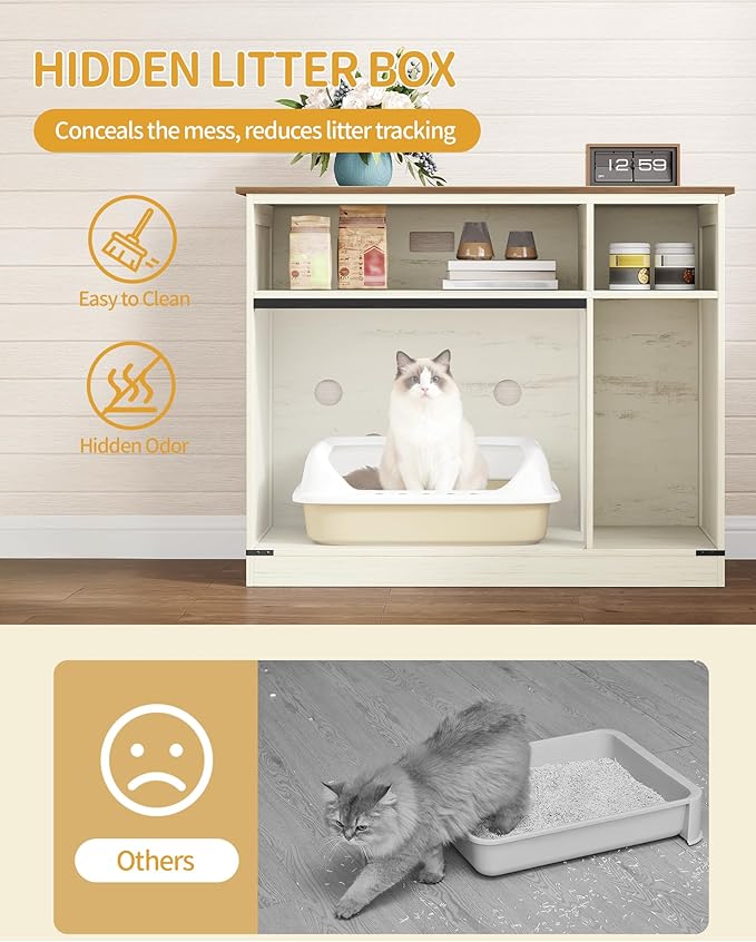 Cat Litter Box Enclosure, Hidden Litter Box Furniture with Storage, Wooden Cat Cabinet with Scratch Pad, Farmhouse Cats House, TV Stand End Table, Rustic Brown and White CB88614X