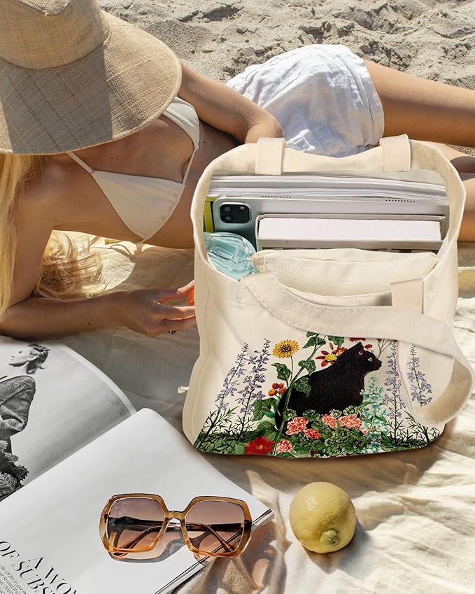 Miss Adola Aesthetic 2 Pack Canvas Tote Bag - with Makeup Zipper Pouch for Women Bag for Shopping, Gym, Travel, Vacation