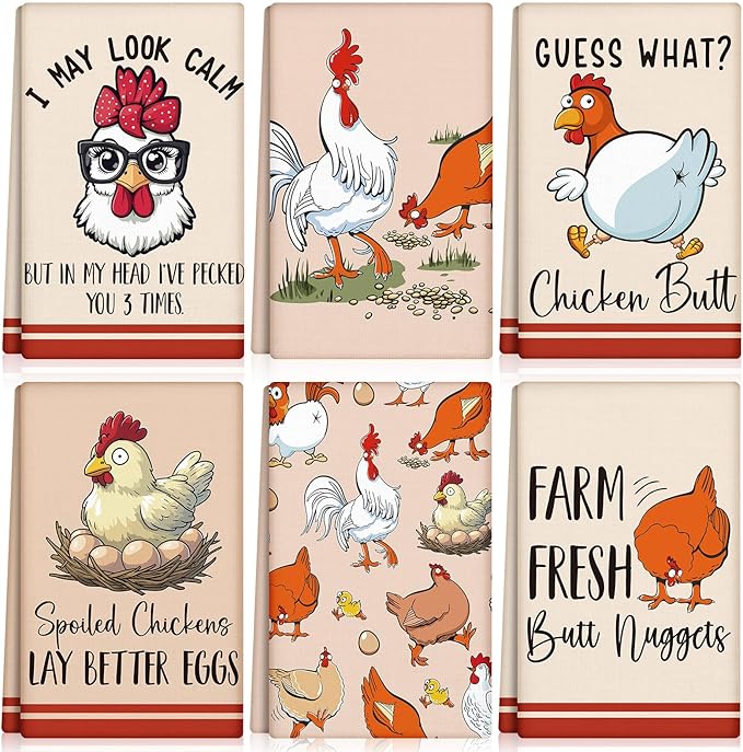 FuWeave 6 Pcs Chicken Kitchen Dish Towels Chicken Gifts for Women Farm Rooster Dishcloth 16 x 24 Inches Farmhouse Tea Hand Towel Decorative for Bathroom Kitchen Housewarming Gifts