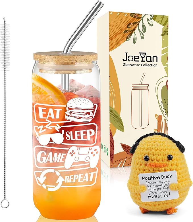 Joeyan Glass Cup with Lid and Straw, 20oz Iced Coffee Cup with Positive Crochet Duck, Gamer Gift for Men, Video Game Themed Tumbler for Smoothie Boba Tea, Funny Gaming Gift for Boyfriend, Son, Gamers
