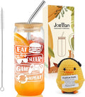 Joeyan Glass Cup with Lid and Straw, 20oz Iced Coffee Cup with Positive Crochet Duck, Gamer Gift for Men, Video Game Themed Tumbler for Smoothie Boba Tea, Funny Gaming Gift for Boyfriend, Son, Gamers