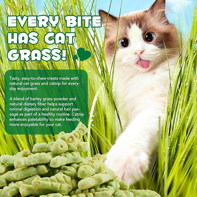 180g/6.4oz Cat Grass Dental Treats for Hairball Control, Natural Teeth Cleaning & Fresh Breath, Crunchy Catnip Flavored Biscuits with Barley Grass, Cat Training Rewards for All Breeds