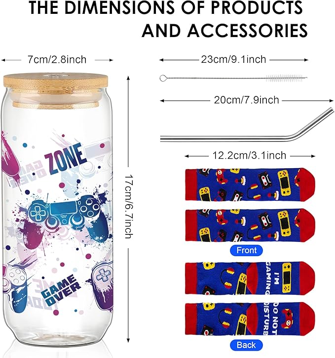 Joeyan Glass Cup with Lid and Straw - 20oz Iced Coffee Cup with Gaming Socks, Gamer Gifts for Men, Video Game Themed Glass Tumbler for Smoothie Boba Tea, Funny Gaming Gifts for Boyfriend Son Gamers