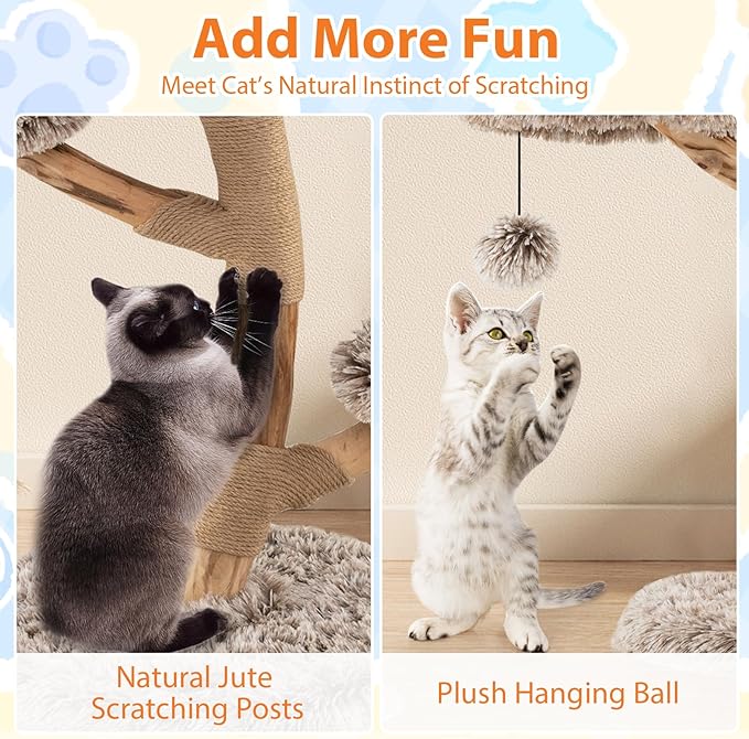 Tangkula Solid Wood Cat Tree, Multi-Level Modern Cat Tower with Scratching Posts, Cozy Top Perch, 2 Platforms, Dangling Ball, Soft Long Plush, Natural Branch Cute Cat Tree for Indoor Kittens
