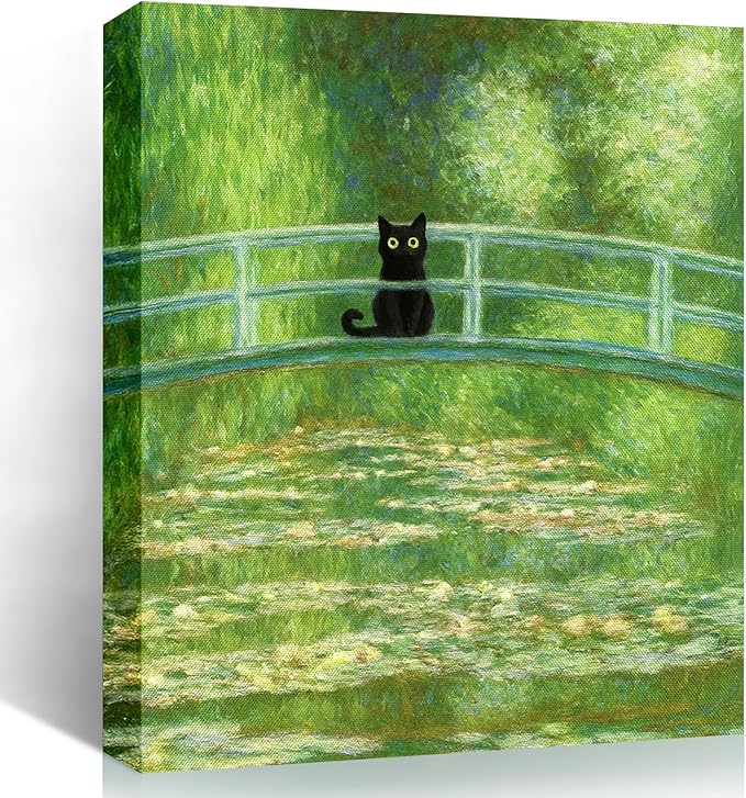 Madewell Living Van Gogh Starry Night with Funny Cat Canvas Print Wall Art - Ready to Hang, Waterproof Living Room & Bedroom Decor, 11" L x 14" W