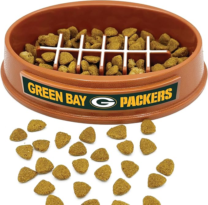 NFL Super-Bowl Green Bay Packers Slow Feeder Dog & Cat Bowl. Football Design for Healthy Digestion. Non-Slip for Large & Small Pets