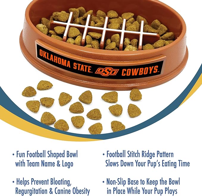 NCAA Super-Bowl - Oklahoma State Cowboys Slow Feeder Dog Bowl. Football Design Slow Feeding Cat Bowl for Healthy Digestion. Non-Slip Pet Bowl for Large & Small Dogs & Cats