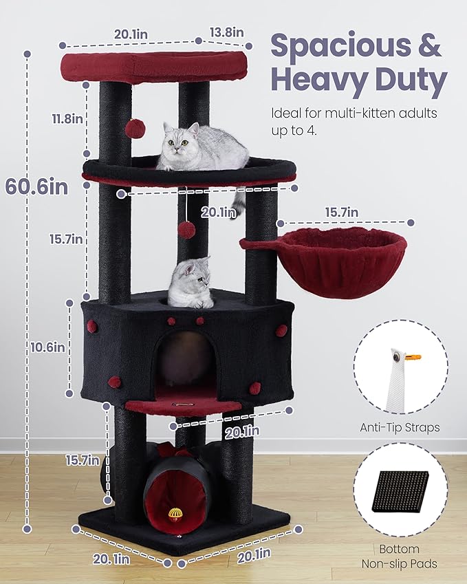 Cat Tree Tower for Large Cats Adult - 60 Inch XXL Sturdy Heavy Duty Extra Wide Scratching Posts (φ4.4in) Condo - Indoor Big Cat House Hammock Perch - XL Wood Multi Level Feline Pet Bed Trees Houses