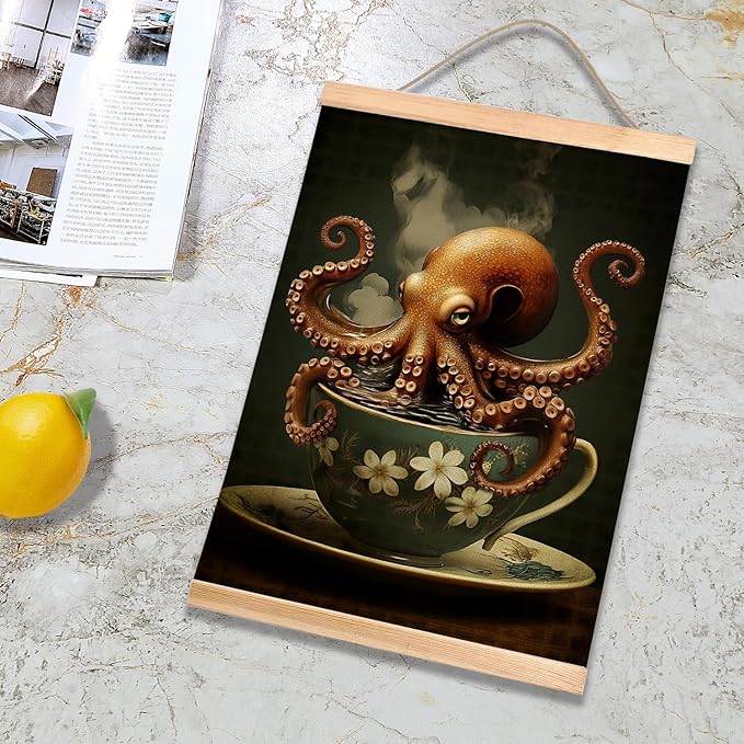 HEYJEEPER Whimsical Octopus in Teacup Wall Art Decor,14x18inch Gothic Dark Aesthetic Canvas Poster with Wood Frame, Retro Animal Poster for Kitchen,Living Room,Coffee Bar(Octopus)