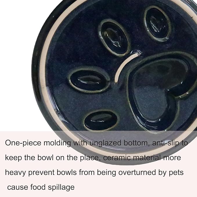 Ceramic Slow Feeder Bowl, 6.69 x 5.7 inches, Elevated Design with Paw Pattern, for Cats and Small Dogs (Dark Blue)