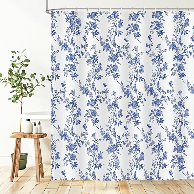Blue Floral Shower Curtain,Vintage Wildflower Botanical Print Waterproof Polyester Fabric Bath Curtain,Spring Summer Bathroom Decor with 12 Hooks,72x72 Inch