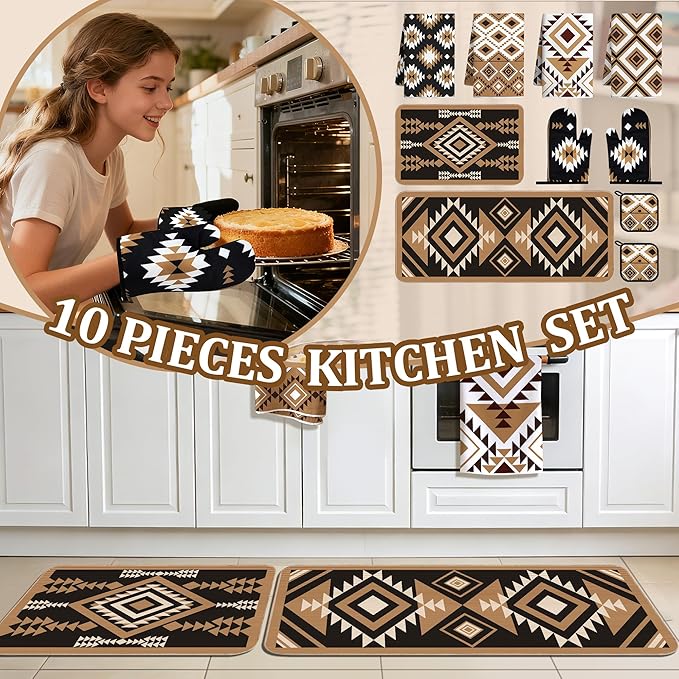 10 Pcs Western Aztec Kitchen Decor and Accessories Set 4 Kitchen Dish Towels 2 Pot Holders 2 Oven Mitts 2 Rugs for Floor Home Decorations Cooking Baking Mom Daughter Gifts Black White Brown
