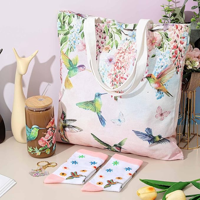 Paterr 4 Pcs Hummingbird Gifts for Women, Hummingbird Lover Gifts for Valentine's Day Birthday Mother's Day Decorations, with Canvas Tote Bag 16oz Glass Coffee Cup with Straw Cute Keychain Socks