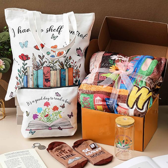 Paterr 6 Pcs Book Lover Gifts for Women, Mother's Day Book Club Gifts for Bookish, Canvas Tote Bag Makeup Bag Print Blanket Socks 16oz Glass Coffee Cup with Straw Cute Keychain for Librarian Birthday