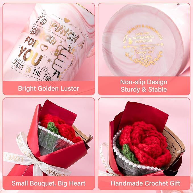 Mothers Day Gifts for Mom Wife from Daughter Son, Funny Birthday Gifts for Women – 14oz Ceramic Marble Mug with Gold Print and Knitted Bouquet, Unique Gift Set for Mom, Her, Wife, Sister, Friendship
