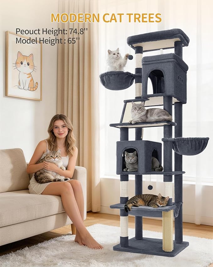 Hzuaneri Large Sturdy Cat Tree Tower, 75 Inch Tall Pet Condo for 7 Large Cats, Cat Tree Indoor Climbing Activity Tower, 2 Large Platform/2 Cave/2 Hanging Basket/5 Scratching Post, Dark Grey MS19018SG