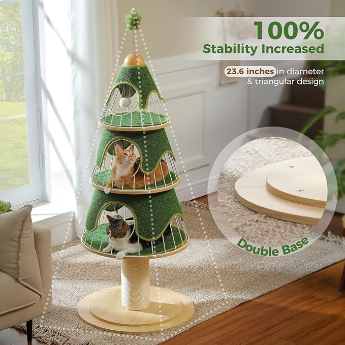 MUTTROS Modern Cat Tree-51.2" Cat Christmas Tree w/Thick Scratch Post(φ5.4in), Wood Cat Tower w/ 3 Condos-Heavy Duty Furniture w/Metal Frame & Replaceable Mat for Indoor Kitty, Green