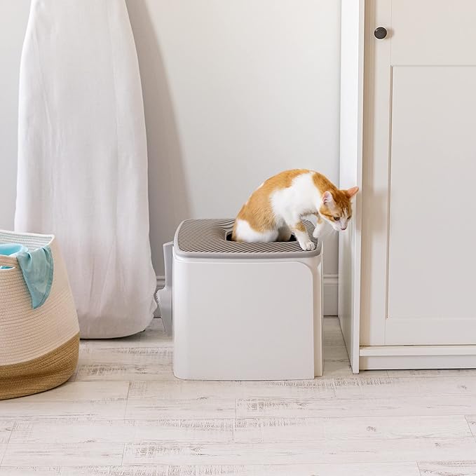 IRIS USA Top-Entry Litter Box with Scoop, Enclosed Square Style Litterbox with Odor Control, Easy to Clean for Cats, Covered Dog Proof Litter Box Design, White/Gray