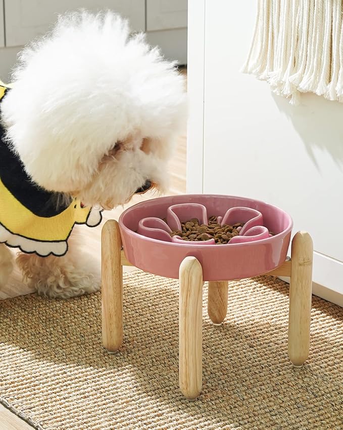 LE TAUCI Ceramic Slow Feeder Dog Bowls Elevated, 3 Cup Raised Bowl with Wooden Stand for Medium Large Breed, Slow Down Eating, Puzzle Dog Food Bowl, Pink Bloom