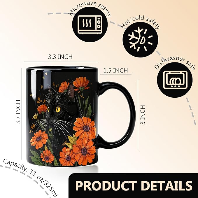 Mystical Floral Black Cat Mug, Black Cat Gifts Coffee Cup, Cats Lover Mom Dad Gifts, Dark Aesthetic Orange Daisy Flower Kitten Kitty Ceramic Coffee Mug 11 oz