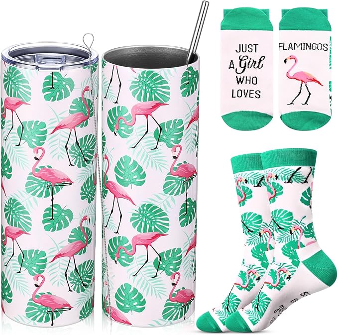 Funnymoom 2 Pack Flamingo Themed Gifts Set Skinny Tumbler 20 oz Travel Coffee Novelty Cute Animals Mug Socks, Christmas Birthday Party Favors