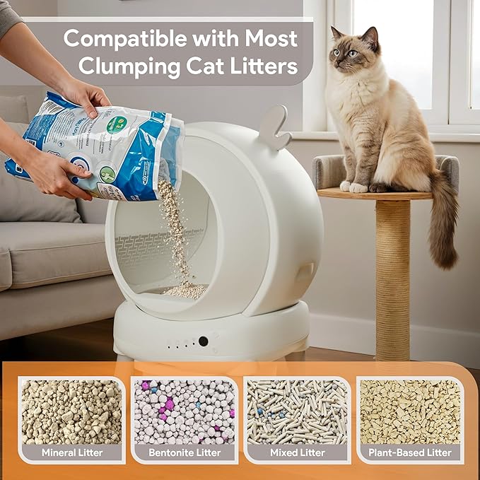 Self Cleaning Litter Box, Automatic Litter Box with Odor Control for Multiple Cats, Cute Ear Shaped Design, Large Capacity with Smart Real-Time App Monitor and Safety Sensors