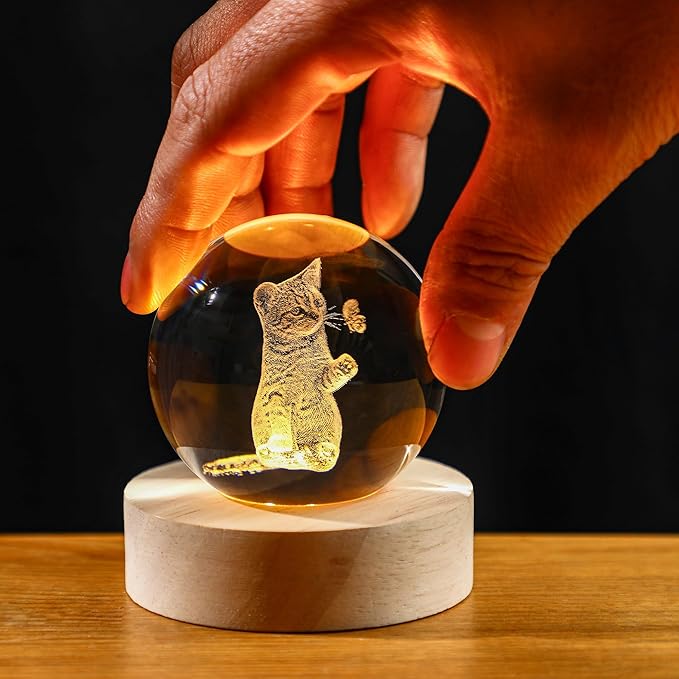 2.3in Crystal Ball for Cat Lovers 3D Glass Engraved Cat Decorative Night Light with Wooden Light Base for Birthday Wedding Housewarming