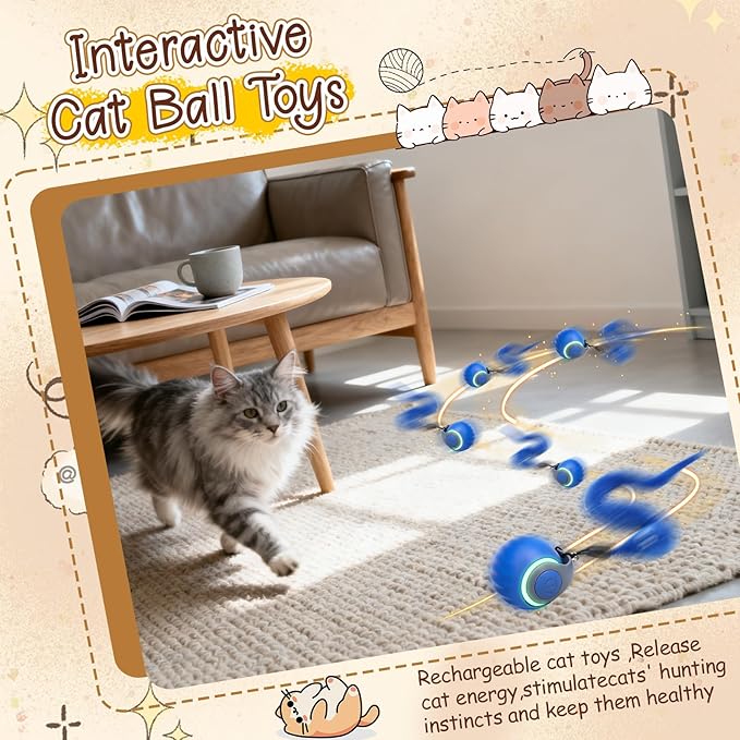 2PCS Interactive Cat Toys Ball,Newly Upgraded Speedy Tail Cat Toy with USB Charging,Automatic Smart Interactive Cat Toys for Indoor Cats with 6 Tails-Blue&Red