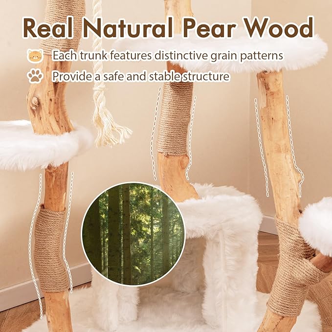 Tangkula Solid Wood Cat Tree, Modern Wooden Cat Tower with Jute Scratching Posts, Perch, Condo, Sisal Rope, Dangling Ball, Soft Long Plush, 66 Inch Tall Cat Tree Tower for Indoor Cats Large Adult
