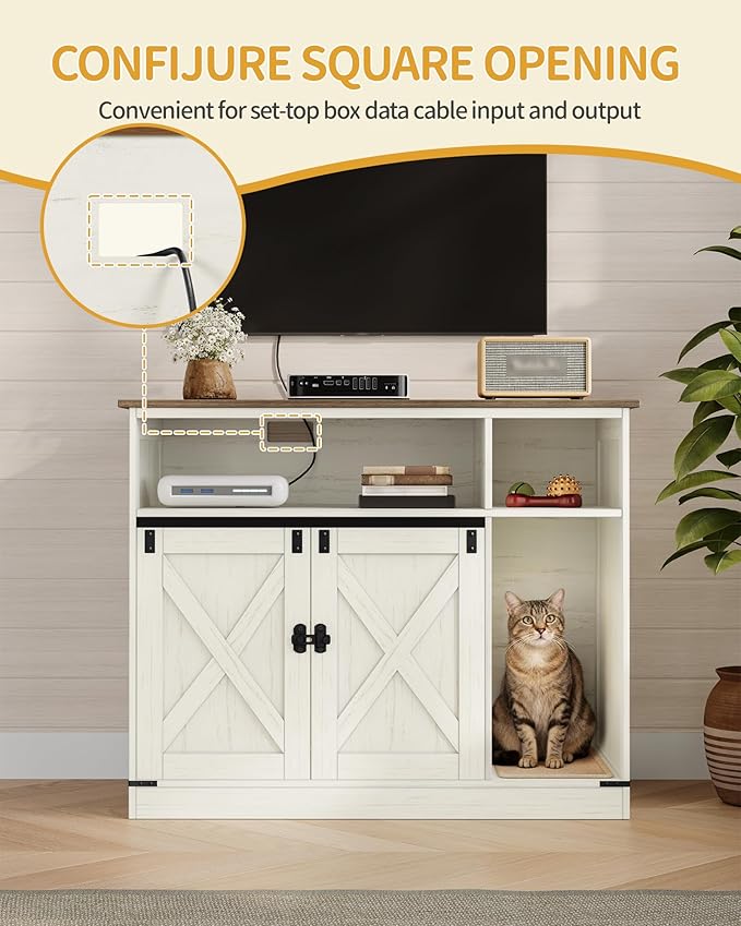 Cat Litter Box Enclosure, Hidden Litter Box Furniture with Storage, Wooden Cat Cabinet with Scratch Pad, Farmhouse Cats House, TV Stand End Table, Rustic Brown and White CB88614X