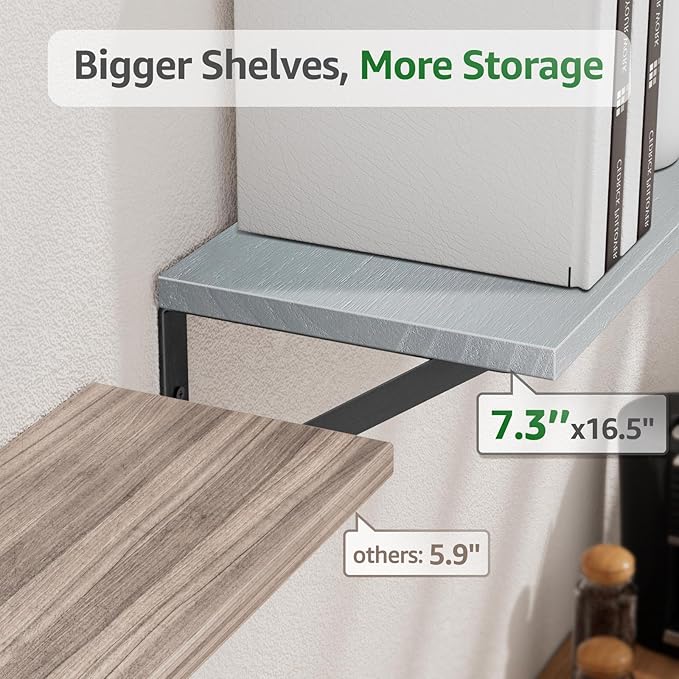 COCOYA Wall Shelves 7.3" Deep Set of 4, Solid Paulownia Wood Wider Longer Sturdy Easy to Install Wall Mounted Bookshelves Storage Shelves Bathroom Home Office Laundry Room Bedroom Organizer Gray