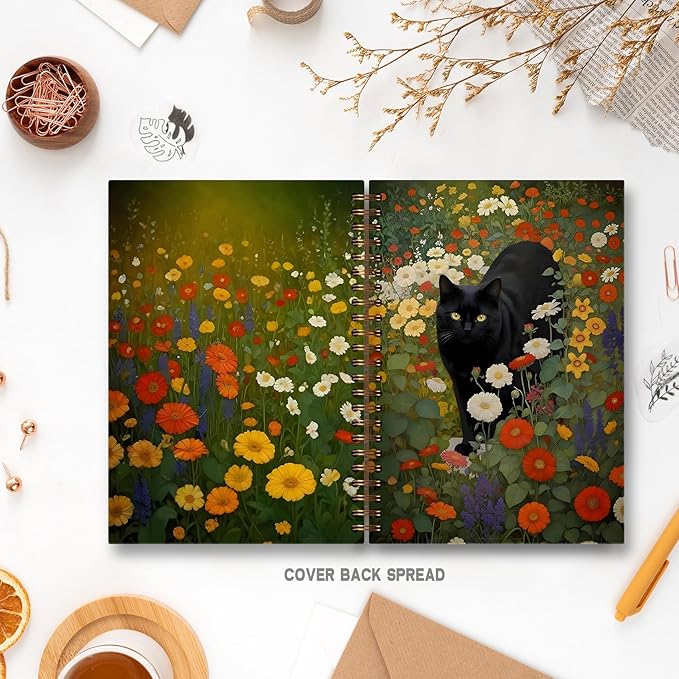 Vintage Moody Botanical Black Cat Notebook, Cottagecore Colorful Wildflower Witchy Kitty Journal for Writing, Cat Office Supplies, Spiral Notebook 5.5x8.3 Inch