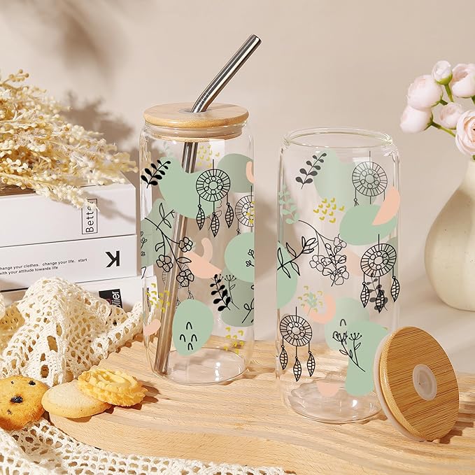 Joeyan Glass Cup with Lid and Straw, 20oz Iced Coffee Cup, Boho Dreamcatcher Floral Pattern Tumbler, Aesthetic Drinking Glasses for Smoothie Boba Tea, Bohemian Mothers Day Gift for Women Mom Friend